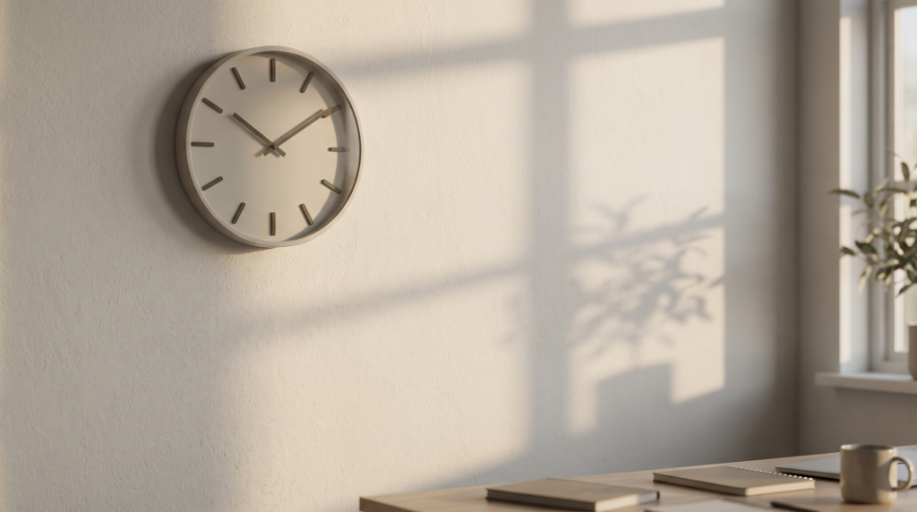 A minimalist analog wall clock in a sunlit office, marking the passage of time