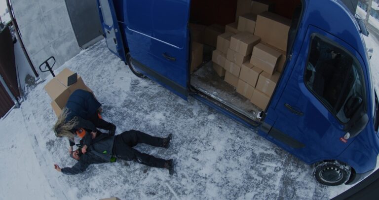 BeardedCourierSlipsOnIceWhileUnloadingVanAndSuffers - Grooms Law Firm Two workers loading cardboard boxes from a blue van onto an icy driveway; one person lies on the ground while the other helps.
