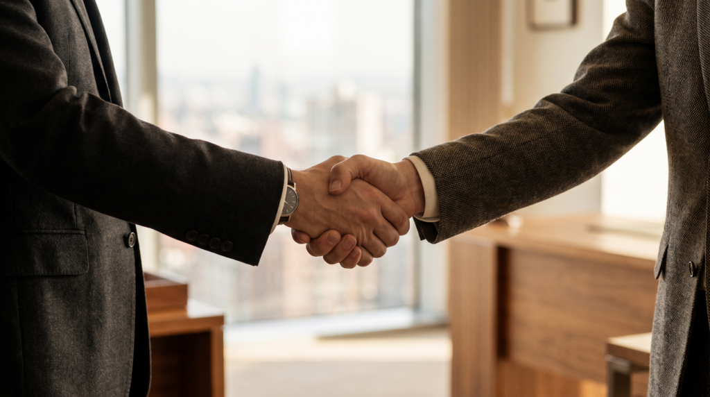 Two people in business attire shaking hands in a bright professional office