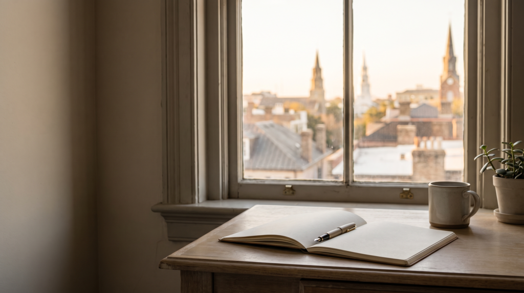 An open blank notebook and pen on a desk beside a window overlooking historic Charleston rooftops and steeples