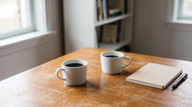 Two cups of coffee facing each other across a wooden table with a notebook and pen, suggesting a one-to-one conversation