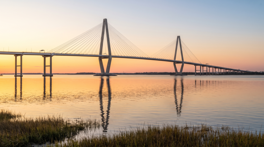 The Arthur Ravenel Jr. Bridge spanning the Cooper River at sunset, viewed from the Mount Pleasant shoreline