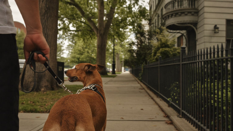 Grooms Law Firm Home 13 A leashed dog walking calmly beside its owner on a tree-lined Charleston, South Carolina sidewalk