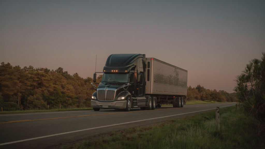 An 18-wheeler tractor-trailer traveling on a South Carolina highway at dusk