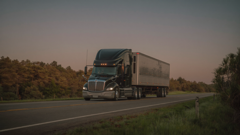 An 18-wheeler tractor-trailer traveling on a South Carolina highway at dusk