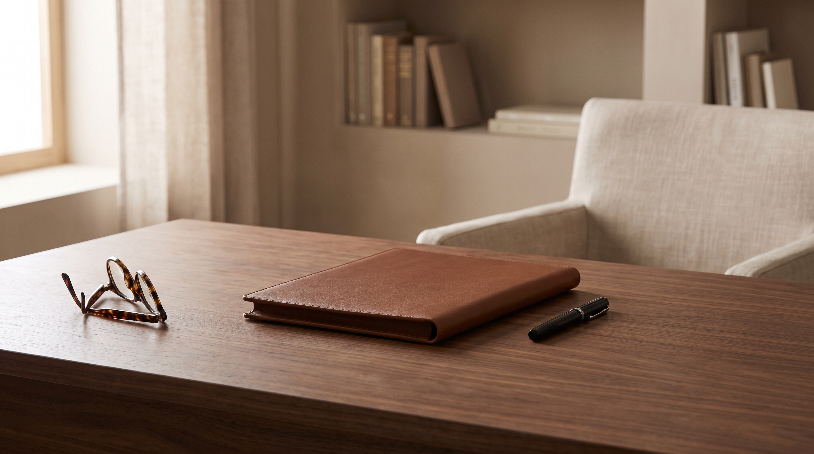 A closed leather portfolio, pen and reading glasses on a walnut desk in a quiet office