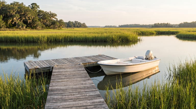 A small motorboat moored at a wooden dock on a Lowcountry tidal creek near Charleston at golden hour