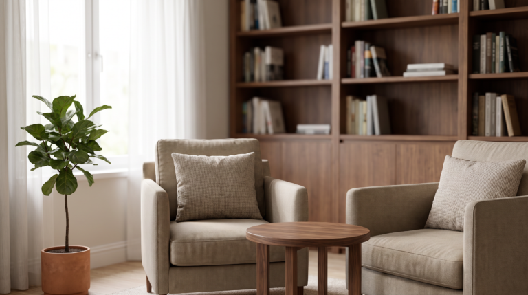 Grooms Law Firm Home 13 Two armchairs facing each other across a small table in a calm, welcoming law office consultation area