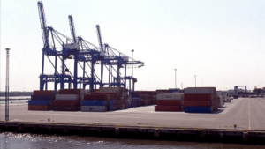 Container cranes and stacked shipping containers at the Port of Charleston terminal in South Carolina