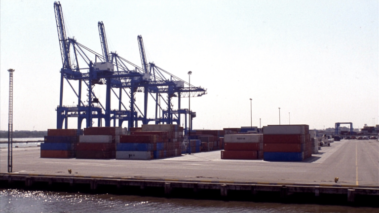 Container cranes and stacked shipping containers at the Port of Charleston terminal in South Carolina