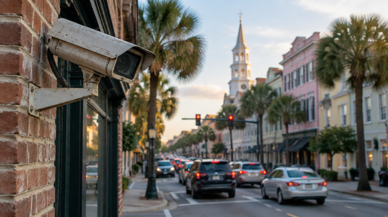 Security camera on a historic brick storefront overlooking traffic at a downtown Charleston, South Carolina intersection